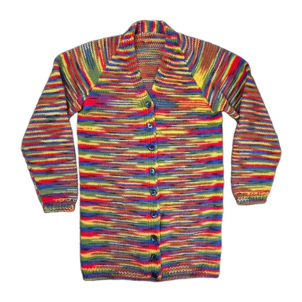 Vintage Handknit Rainbow Cardigan Sweater Colorful Space Dye Yarn Womens S Vneck